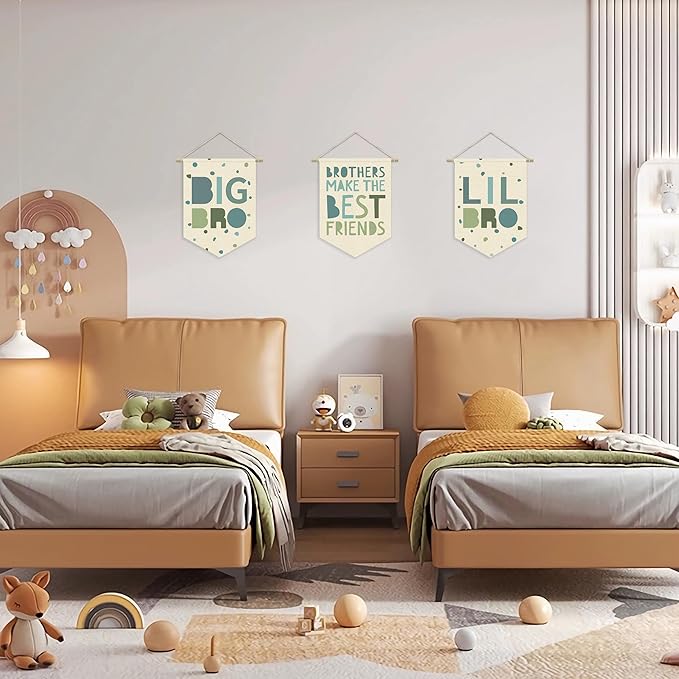 Big Brother Nursery Decor Canvas Banner,Boy Bedroom Playroom Wall Art Decorations,Boho Twin Room Sign,Big Bro Lil Bro, Sage Green Blue Kids Room Sibling Wall Hanging Pennant Flag Banner