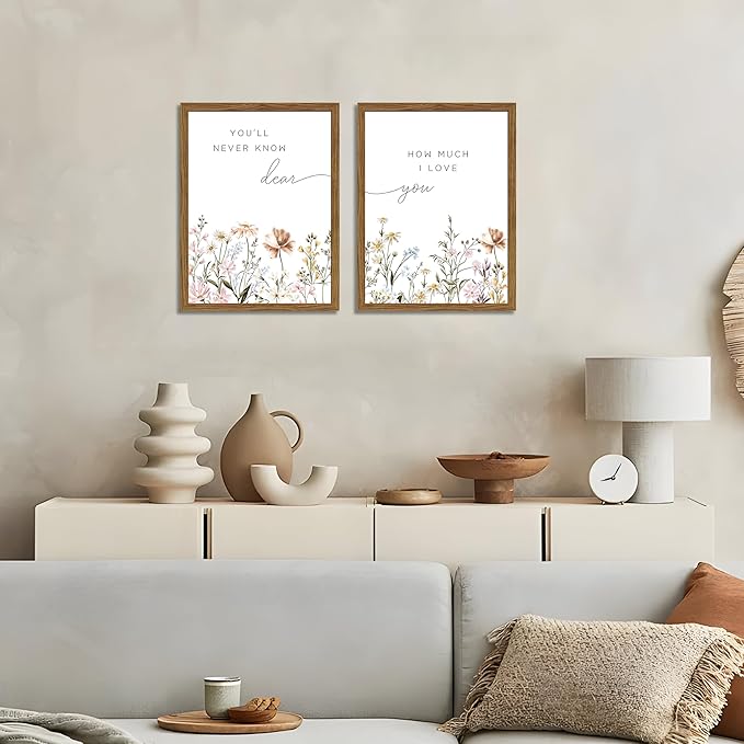 Wood Framed Wildflower Nursery Wall Art Set of 2, Boho Flower Botanical Wall Decor Paintings, Baby Girl Nurseries Pictures Posters Prints for Nursery Baby Room Bedroom Home Decoration 12x16 Inch