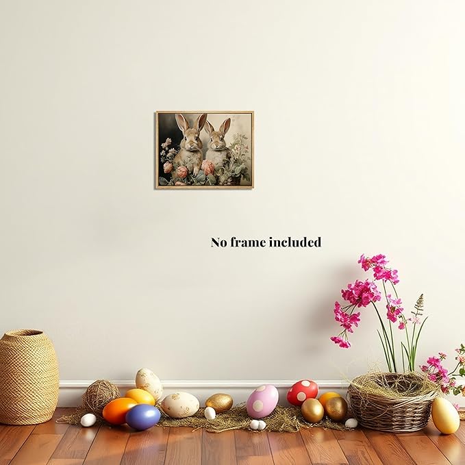 Easter Bunny Wall Art Poster, Two Adorable Rabbits with Flower Basket Picture Prints, Rustic Farmhouse Canvas Artwork, Vintage Holiday Wall Decor for Kids Room Bedroom Living Room 8x10in Unframed