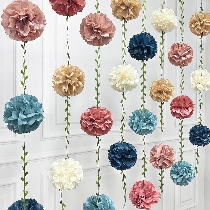 Dusty Rose Pink Blue Khaki Beige Tissue Paper Flowers Pom Pom with Leaf Ribbon Hanging Garland Streamer for Gender Reveal Baby Shower He or She Boy or Girl Vintage Themed Party Decorations Supplies