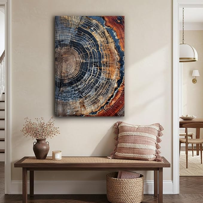 IBHJSART Framed Tree Ring Canvas Wall Art Vintage Colorful Wood Stump Painting Prints Modern Minimalist Pictures Neutral Nature Rustic Farmhouse Decor Living Room Bedroom Bathroom Office
