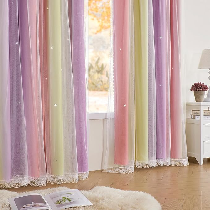 XiDi Pink Blackout Curtains for Bedroom Decor - Rainbow Unicorn Wall Decals for Girl's and Kids' Room - Purple and Yellow 34X72 Inch Long 1 Panel