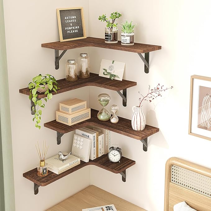 Fixwal Floating Shelves for Wall, Rustic Wood Wall Mounted Corner Shelf for Bathroom, Kitchen, Bedroom, Home Decor, Laundry Room, Living Room, Set of 5 (Dark Carbonized Black)