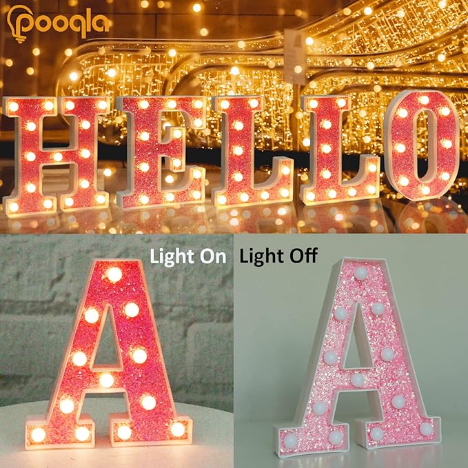 Pooqla LED Marquee Letter Lights, Pink Glitter Light Up Letters Alphabet Sign Battery Powered Night Light, Birthday Party Wedding Girls Gifts, Christmas Room Dorm Bedroom Decoration, Pink Letter S