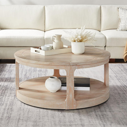 WILLIAMSPACE 40" Round Coffee Table with Wheels, Circle 2 Tier Solid Wood Center Coffee Table, Mid Century Retro Farmhouse Rounded End Table for Living Room Apartment, ø40 x 17.52" H (Oak)