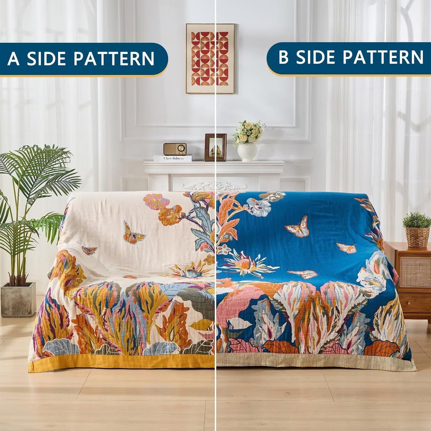 Boho Throw Blanket for Bed, Lightweight Reversible Quilt, Fall Cotton Blanket, Queen Size Boho Floral Bird Colorful Retro Quilt Ultra Soft Reversible Gauze Blanket for All Season, 80"x90"