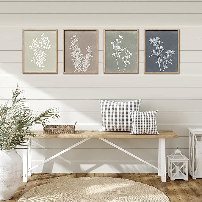 Liswit Framed Boho Wall Art Set of 4 for Wooded Minimalist Botanical Print Wall Art for Rustic Vintage Farmhouse Home Kitchen Wall Decor (Brown, 12x16)