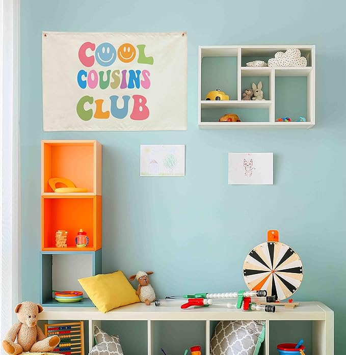 Nursery Rectangular Hanging Canvas Banner Wall Decor for Nursery Bedroom Playroom Decor-Poster Flag Sign Art for Baby Boy Girl Kids,Baby Shower Birthday Christmas Gift -Cool Cousin Club