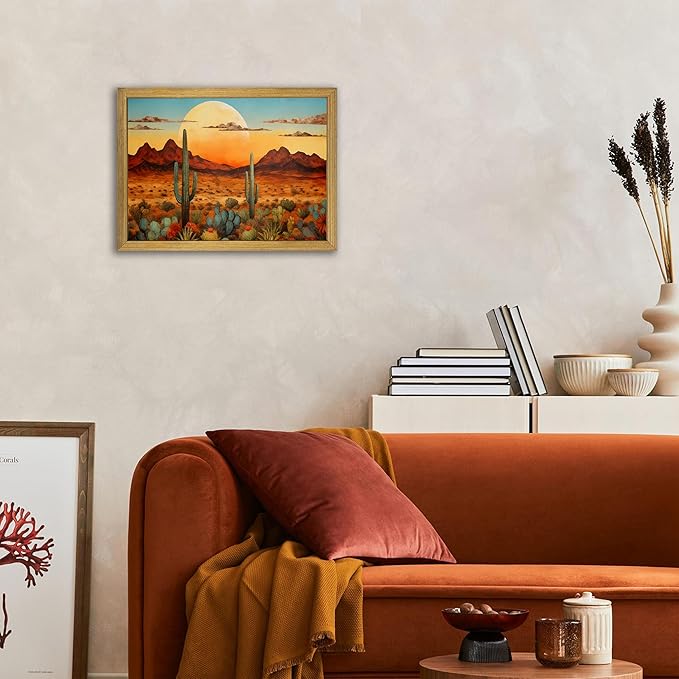 Framed Western Desert Sunset Cactus Wall Art, Vintage Southwest Nature Landscape Canvas Print, Rustic Wall Decor Picture, Boho Mexican Oil Painting for Living Room Bedroom Office bathroom 12x16 Inch