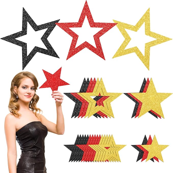 30 Pcs Large Movie Star Cardboard 3 Sizes 6" 9.8" 10.6" Movie Night Glitter Star Cutouts Double Printed Wall Decor Confetti Cutouts for Graduation Classroom Wall Party Bulletin Board Decor