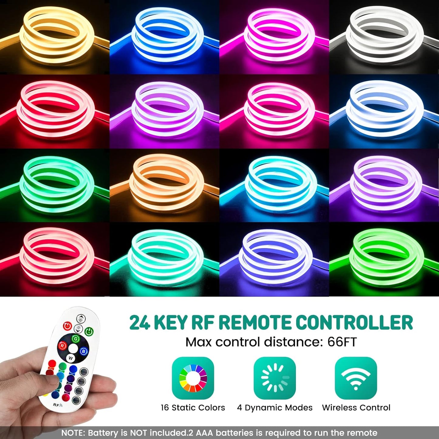GZBtech RGB LED Neon Rope Lights 50FT/15M, AC 110-120V Waterproof Color Changing LED Rope with Remote Controller, Dimmable Multi Color Neon Rope Lighting for Indoor Outdoor Commercial Use