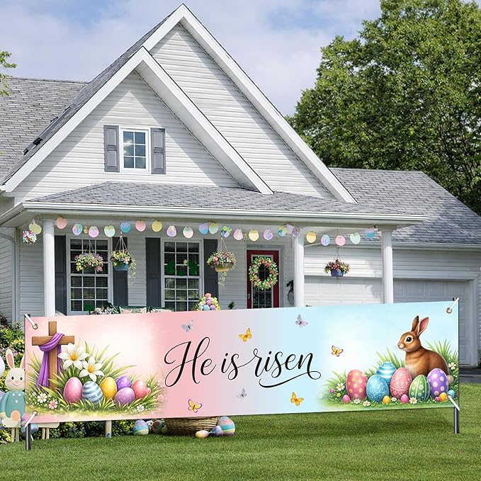 He Is Risen Easter Banner Christian Spring Decor 78 x 17 Inch Religious Easter Banner with Cross Eggs Bunny Scene for Church Yard Fence Door Wall Indoor Outdoor Display