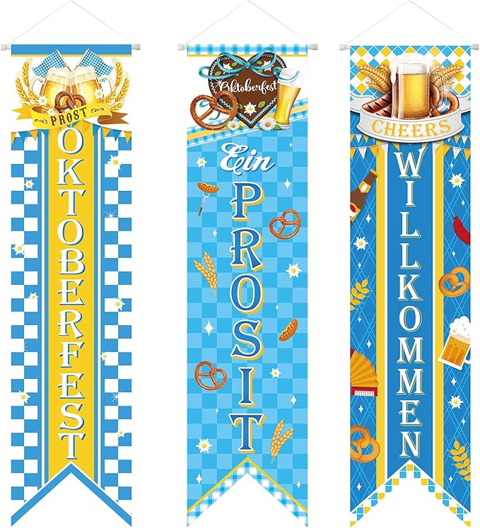 3 Pieces Oktoberfest Party Decorations Bavarian Banners Oktoberfest Prosit Welcome Porch Signs Festival Hanging Backdrops for Home Bar German Party Indoor Outdoor Wall Door Decor