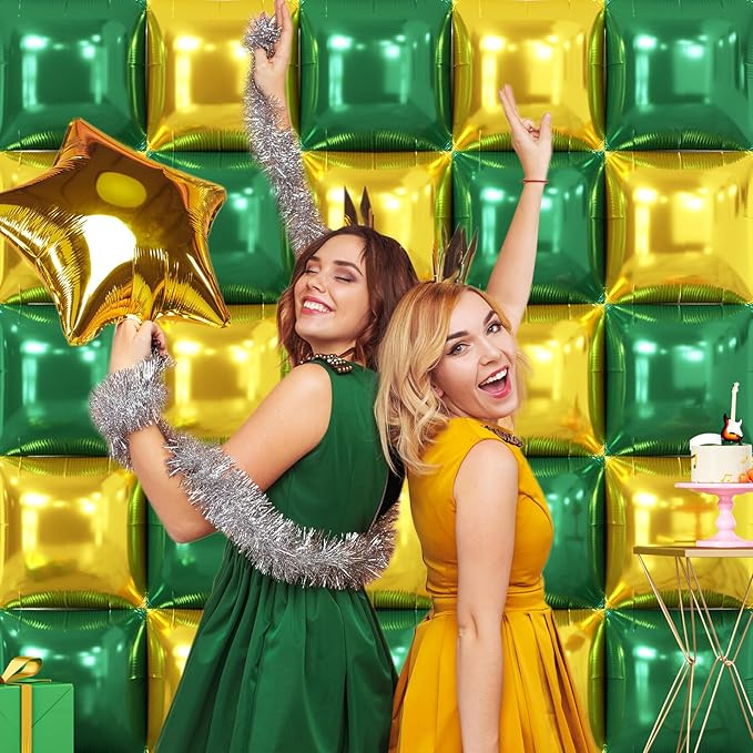 NISOCY 25PCS Christmas Balloons Green Gold Square Foil Balloon Wall Backdrop Double Sided Deep Green Gold Balloons Arch Kit for Birthday New Year Graduation St. Patrick's Day Party Decorations