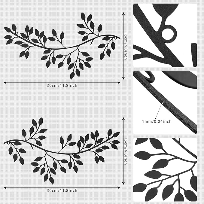 Hotop 2 Pieces Metal Tree Leaf Wall Decor Vine Olive Branch Leaf Wall Art Wrought Iron Scroll Sculptures Above the Bed, Living Room, Outdoor Decoration (Classic Style,Black)
