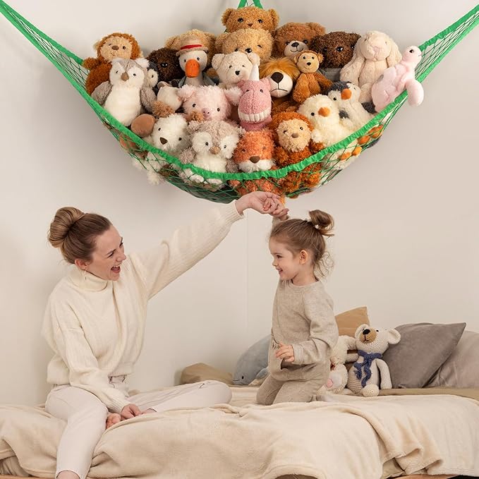 Stuffed Animal Storage Hammock Net Corner - Large Toy Hammock Net for Stuffed Animals Room Decor - Cute Stuff Animal Organizer Holder for Plush Plushie - Kids Baby Nursery Wall Bedroom Home Decor