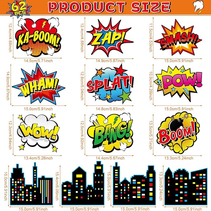 62Pcs Hero Paper Cutouts Hero Themed Party Decorations Super Theme Heroes Bulletin Board Wall Decor Fun Action Sign Super Party Supplies for Birthday Favors