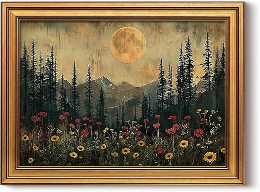 HUARCEY Gold Framed Canvas Wall Art, Moonlit Pine Tree Picture Decor, Living Room Bedroom Woodland Landscape Nature Decor, Rustic Vintage Moody Boho Canvas Paintings, 12x16inch