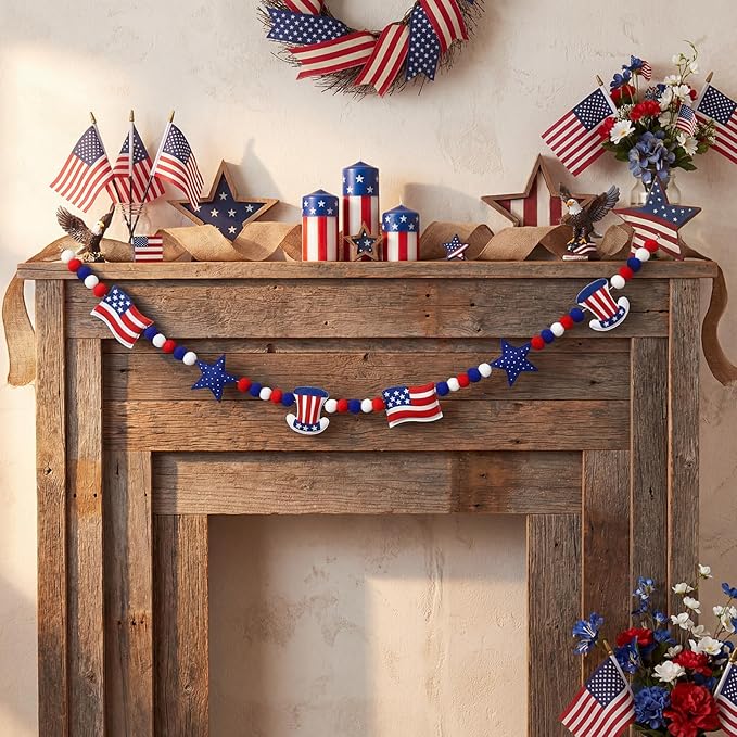 Felt 4th of July Garland 3D Red White Blue Patriotic Pom Ball Banner with Flag & Stars 250th Anniversary Decorative Hanging Bunting for Home Mantel Independence Day Memorial