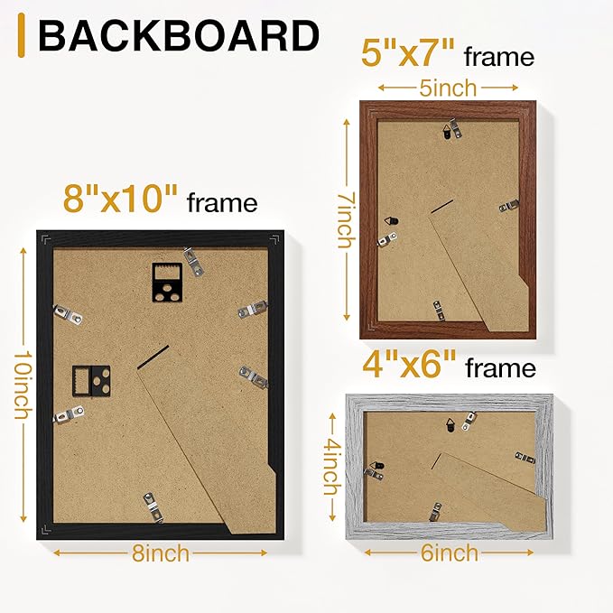 Vittanly 10 Pack Picture Frames, Picture Frames Collage Wall Decor with Two 8x10, Four 5x7 and Four 4x6 Photo Frames, Gallery Wall Frame Set for Wall or Tabletop Display, Black, Walnut Brown and Grey