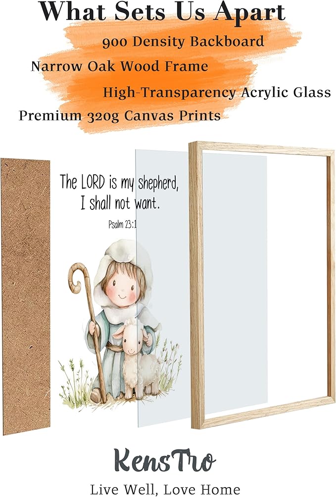 KensTro Natural OAK Wood Nursery Decor Framed Wall Art,12x16in Inspirational Christian Bible Verse Wall Art,The LORD is My Shepherd,I Shall Not Want Psalm 23:1 Print for Boys Girls Bedroom Decor 1Pack