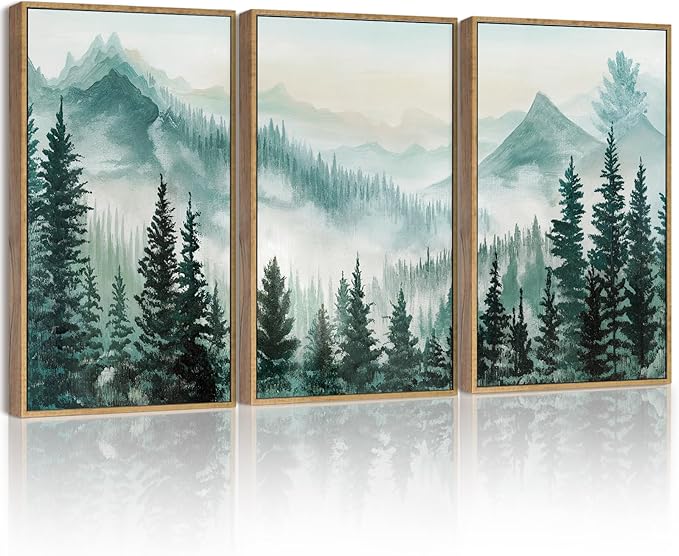 SHENIFY Fog Pine Green Tree Forest Canvas Wall Art 11x14in Framed Nordic Nature Modern Artwork Prints Decor - Natural Framed