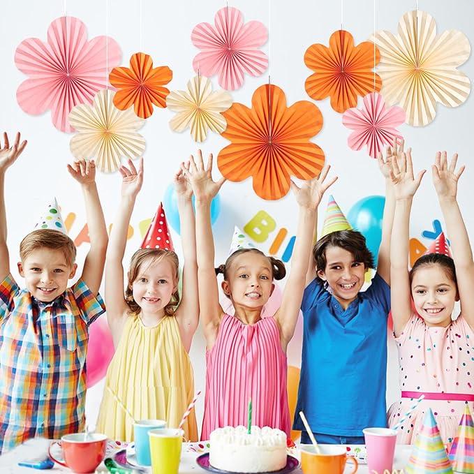 Paper Flowers Decorations for Wall Pink and Orange Paper Fans Classroom Decoration Paper Floral Backdrop Decor Paper Fans Decoration Hanging Paper Fans Pink Flower Wall Decor, Set of 9