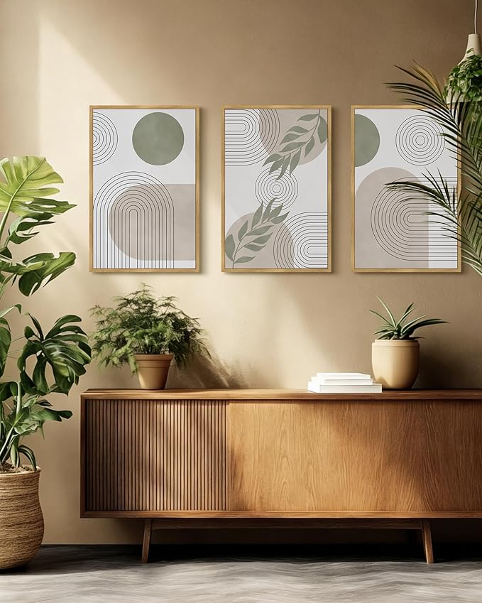 Drsoum Green Botanical Boho Wall Art Framed Modern Bohemian Sage Wall Decor Abstract Geometry Lines Prints Ready to Hang 16x24in Natural Framed