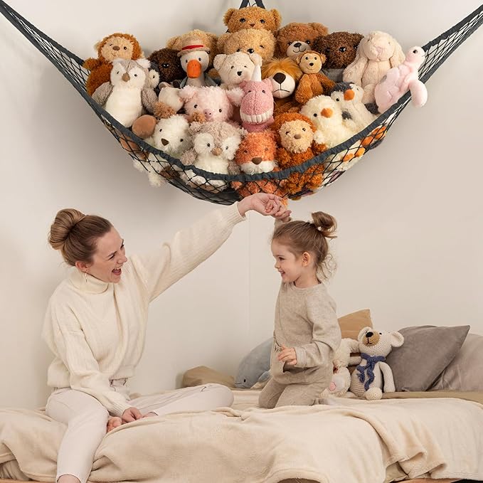 Stuffed Animal Storage Hammock Net Corner - Large Toy Hammock Net for Stuffed Animals Room Decor - Cute Stuff Animal Organizer Holder for Plush Plushie - Kids Baby Nursery Wall Bedroom Home Decor