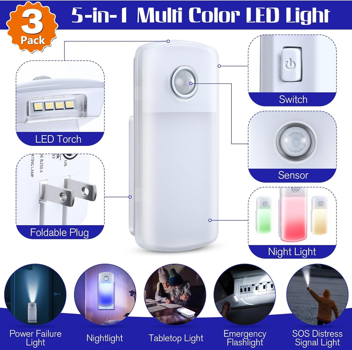 Enhon Emergency Power Failure Night Lights, 5-in-1 Multi Color LED Light, Rechargeable Flashlight with Foldable Plug, Automatic On Off Motion Sensor for Bedrooms, Hallways, Black Outs (3 Pack)