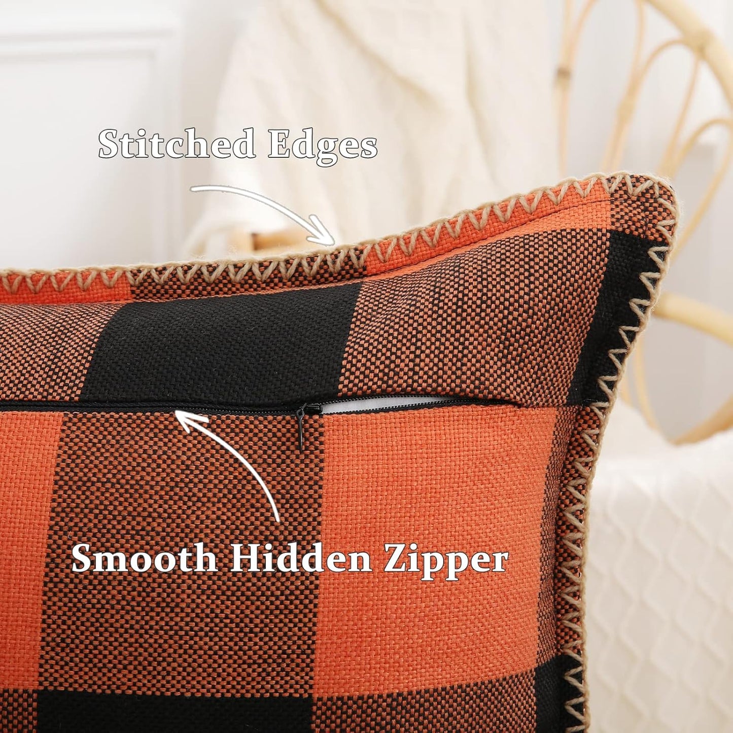 decorUhome Fall Orange and Black Decorative Throw Pillow Covers 16x16 Set of 2, Buffalo Plaid Check Farmhouse Cushion Covers with Stitched Edge for Autumn Harvest Couch Sofa Bed Home Decor