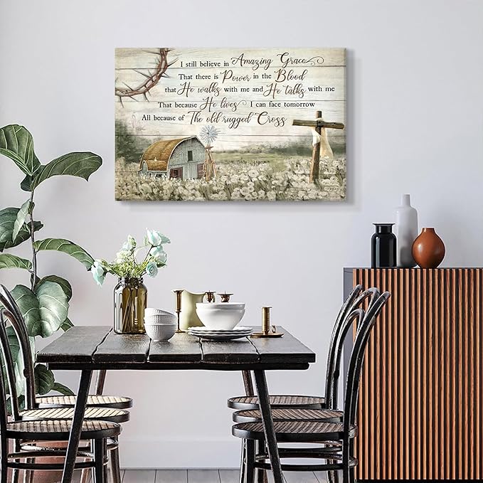 HDXUFJQ Christian Wall Art Barn Windmill Canvas Wall Decor Religious Cross Wall Art I Still Believe In Amazing Grace Picture Print Christian Prayer Decor Paintings Ready To Hang(24"x36")