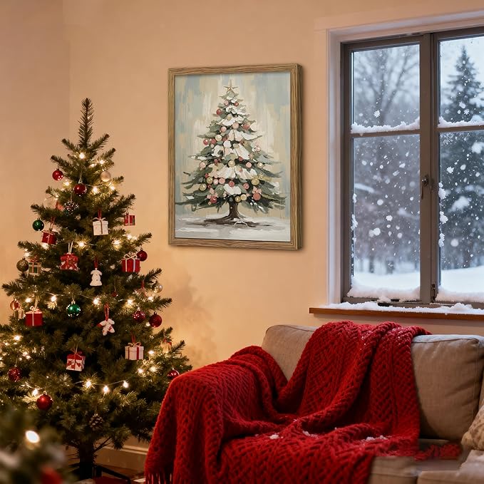 Framed Christmas Tree Wall Decor, Christmas Tree with Christmas Balls Canvas Prints Country Winter Holidays Oil Painting Vintage Christmas Wall Art for Living Room Bedroom – 16x24in