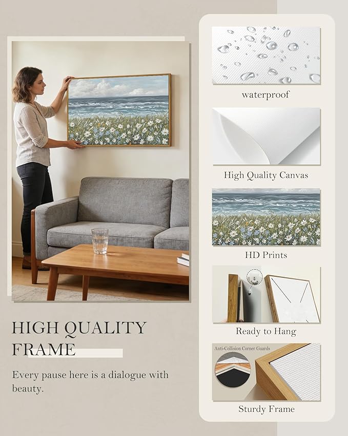SHENIFY Vintage Landscape Framed Wall Art Sea Coastal Wildflower Field Scenery Farmhouse Decor Retro Painting for Living Room Bedroom Ready to Hang Wall Artwork - 24x36in Natural Framed