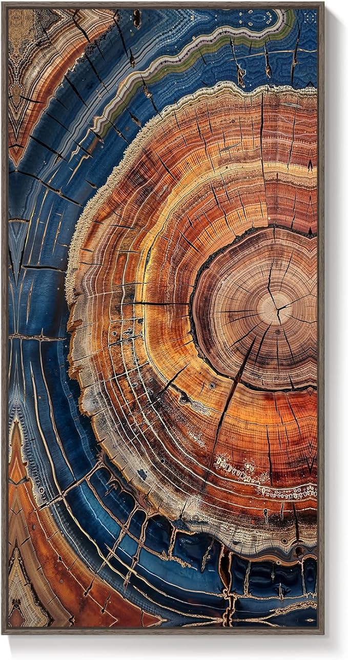 Framed Vertical Colorful Tree Ring Living Room Wall Art, Large Vintage Farmhouse Wood Stump Canvas Artwork for Walls, Rustic Nature Tree Ring Painting Print for Office Kitchen Foyer Stair Wall Decor, 20x40 Inch