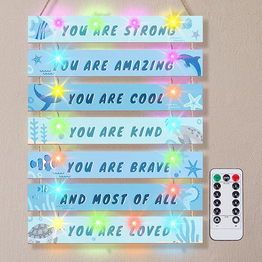 FIOBEE Girls Room Décor for Teen Girls Boys with LED Light Wall Decor for Bedroom Motivational Inspirational Wall Art Girl Room Decoration for Kids Studyroom, 8 Kinds of Lights, Blue Ocean