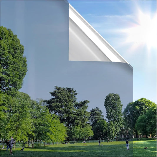 rabbitgoo Window Privacy Film One Way Window Tint for Home, Removable Reflective Heat Sun Blocking Anti UV Glass Door Covering, Mirror Tinting Film House Office, 23.6 in X 32.8 Feet, Silver