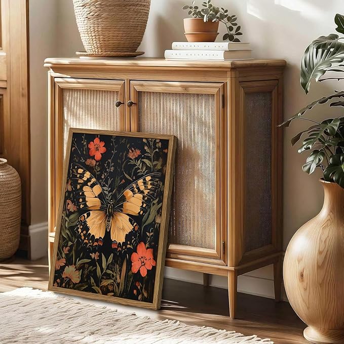 Dark Vintage Butterfly Wall Art,Butterfly Botanical Nature Pictures Wall Decor Flower Prints, Gothic Canvas Prints for Living Room Bedroom Office 12x16 inch Framed