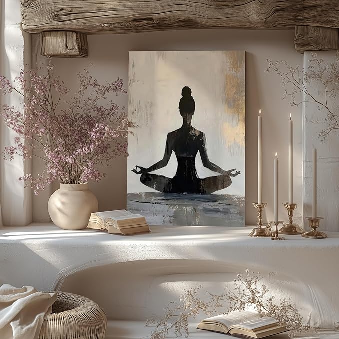 GELDSTEI Framed Zen Wall Art, Modern Yoga Girl Canvas Painting, Tranquil Meditation Wall Decor, Spiritual Aesthetic Picture, Calming Mindfulness Poster Prints for Living Room Spa Yoga Studio 16x24 Inch