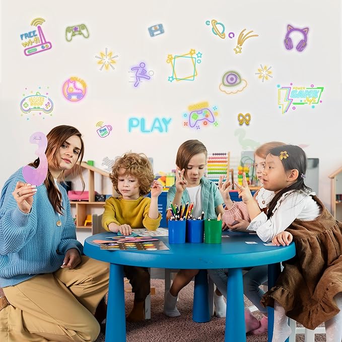 Neon Gaming Wall Stickers for Kids, Neon Gamer Wall Stickers for Children Room, Neon Video Game Character Removable Stickers for Baby Kids Nursery Girls Bedroom Living Room Playroom Wall Decoration