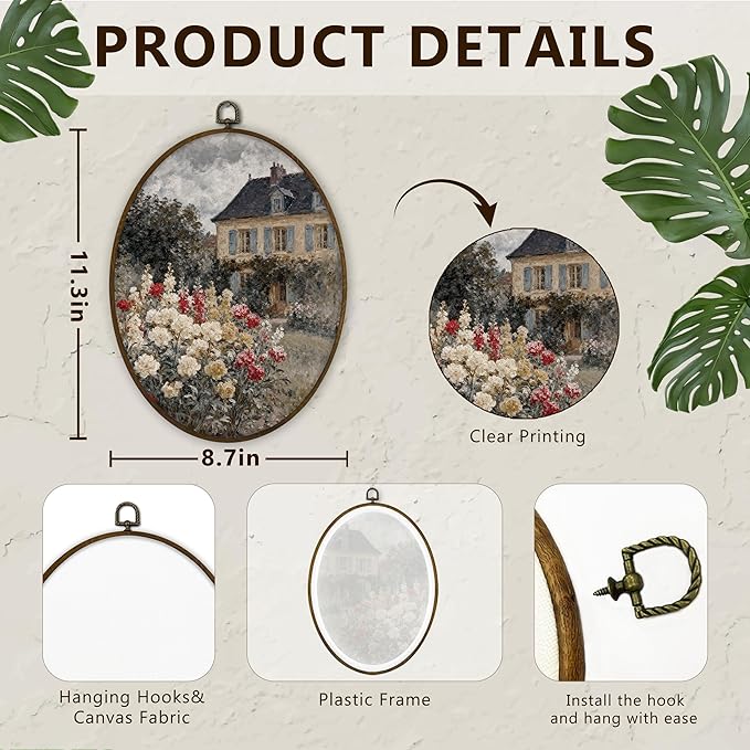Gnmduw Cottagecore House and Garden Oval Wall Art Framed, Farmhouse French Country Landscape Canvas Prints Hanging Decor, Moody Cottage Floral Garden Wall Decor for Bedroom Living Room, 8.7x11.3 Inch