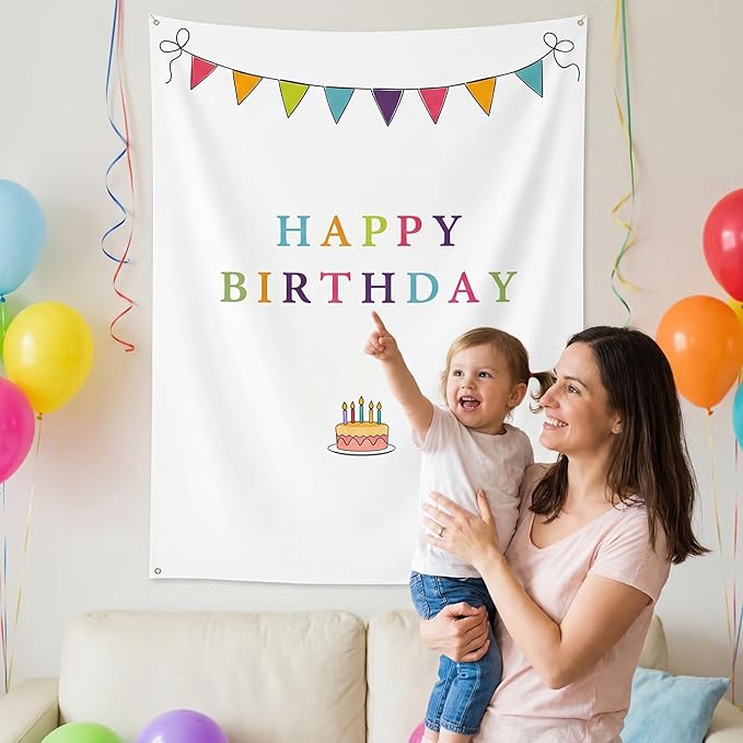 Oudain 29x39 Inch Happy Birthday Burlap Banner, Fabric Party Decorations Backdrop, Boho Rustic Photo Props Sign with Hanging String for Birthday Party Indoor Outdoor Yard Wall Decor, Style 2