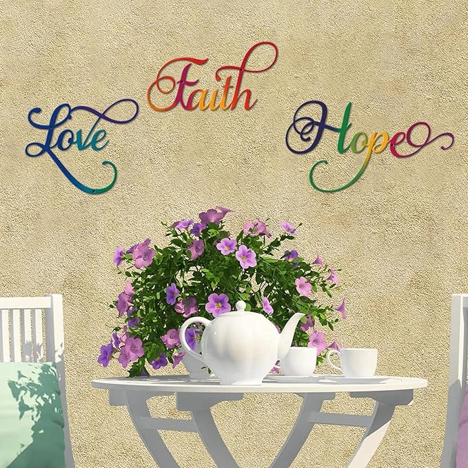 ESTART Faith Hope Love 3 Pieces Metal Wall Decor Inspirational Black Letter Sign Wall Art Rustic Vintage Farmhouse Word Metal Sign Family Wall Decor for Home Bedroom Living Room Office (Colorful)