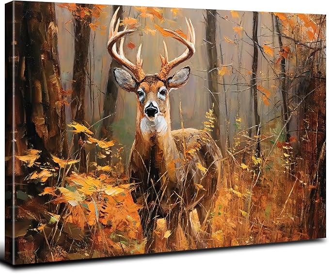 Deer Pictures Wall Decor Fall Forest Wall Art Autumn Orange Forest Landscape Canvas Prints Wildlife Animal Poster Nature Woodland Elk Painting Artwork for Bedroom Living Room Home Decoration 12x16"