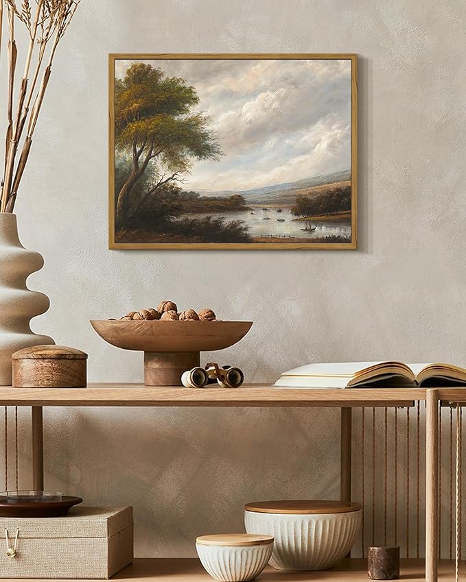 SHENIFY Vintage Landscape Framed Wall Art Riverside Scenery Farmhouse Decor Retro Boat Travel Painting for Kitchen Living Room Bedroom Bathroom - 11x14in Natural Framed
