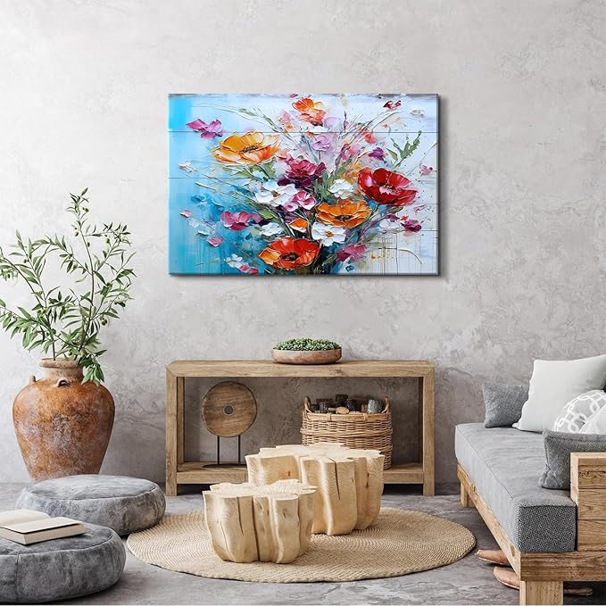 Extra Large Floral Canvas Wall Art for Living Room Poppy Flowers Painting Rustic Colorful Wildflowers Wall Decor Farmhouse Prints Vintage Nature Artwork Framed Kitchen Bedroom Home Decoration 32x48"