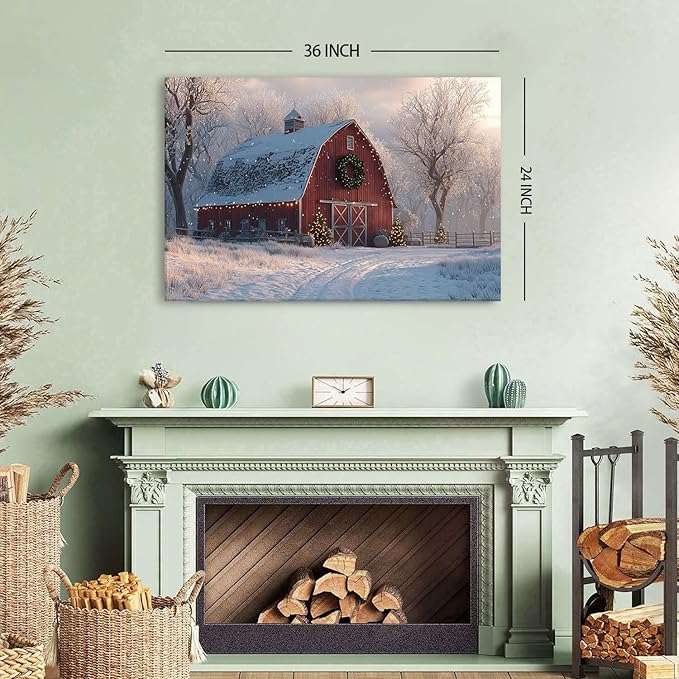Nature Farmhouse Canvas Wall Art Red Barn Poster Christmas Tree Prints Picture Rustic Country Snow Pictures Wall Decor Winter Scenic Painting Artwork for Kitchen Dining Room Home Decorations 24x36"