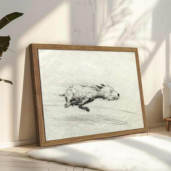 Framed Dog with Zoomies Canvas Wall Art, Vintage Dog Flight Poster Print, Sketch Running Little Pictures Decor, Black and White Silly Wall Decor for Living Room Bedroom – 8x10 inch