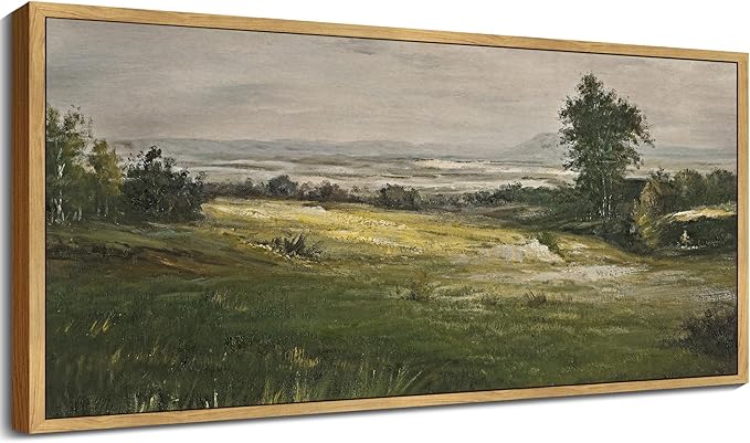 SHENIFY Vintage Framed Wall Art The Vast Grassland Wilderness Landscape Painting Retro Meadow Scenery Farmhouse Kitchen Living Room Decor - 8x16in Natural Framed