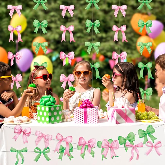 8 Pcs Pink Green Bow Garlands Decorations Witch Princess Theme Party Decorations Green and Pink Ribbon Banners Hanging Decor for Birthday Bridal Engagement Wedding Coquette Party Supplies